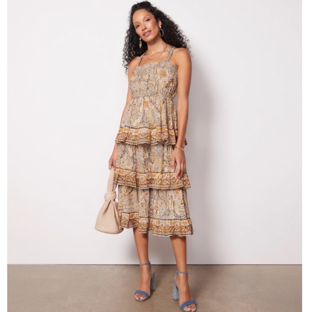 Cleobella Rosalie Midi Dress Kaleidoscope Paisley Organic Cotton XS Boho Tiered